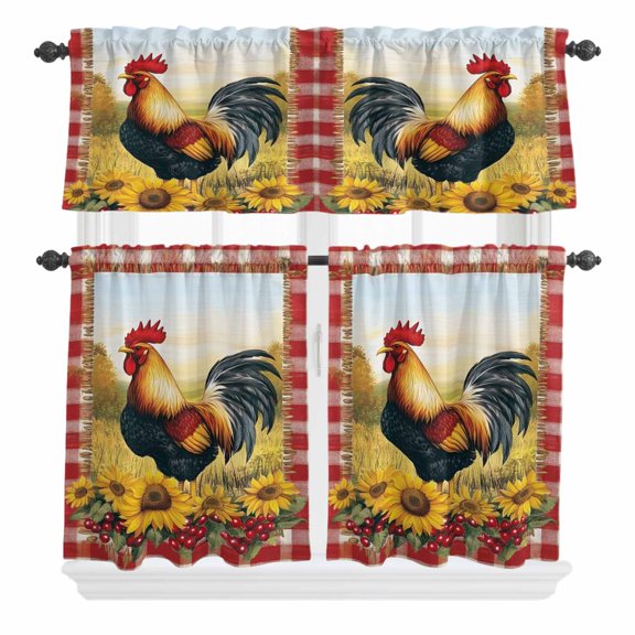 3 Piece Kitchen Curtains and Valances Set Vintage Rooster Cafe Curtains 24 Inch Length Yellow Sunflower Red Plaid Farmhouse Valance & Tier Curtain for Living Room Bedroom Window 54"x18"+27"x24"*2