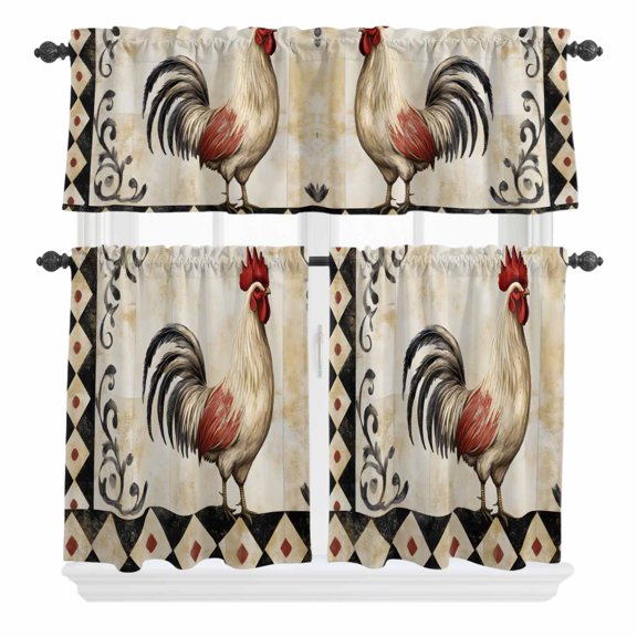 3 Piece Kitchen Curtains and Valances Set Vintage Rooster Cafe Curtains 36 Inch Length Farmhouse Animals Geometric Watercolor Valance & Tier Curtain for Living Room Bedroom Window 54"x18"+27"x36"*2