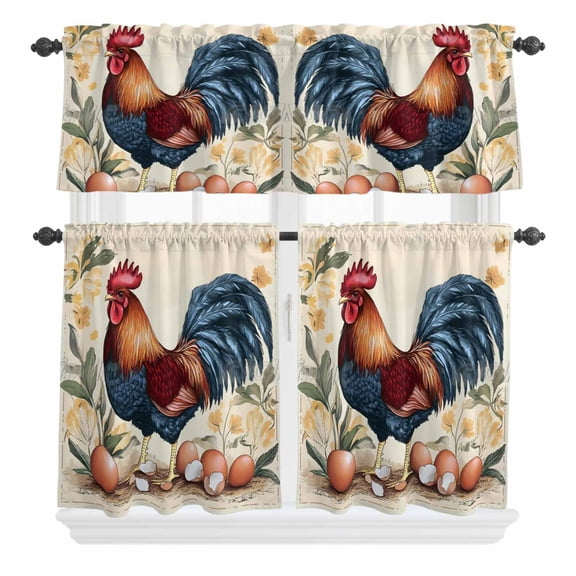 3 Piece Kitchen Curtains and Valances Set Vintage Rooster Cafe Curtains 36 Inch Length Retro Summer Botanical Elegant Valance & Tier Curtain for Living Room Bedroom Small Window 54"x18"+27"x36"*2