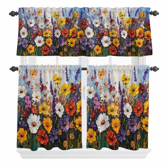 3 Piece Kitchen Curtains and Valances Set Vintage Wildflowers Cafe Curtains 24 Inch Length Oil Painted Abstract Botanical Valance & Tier Curtain for Living Room Bedroom Small Window 54"x18"+27"x24"*2
