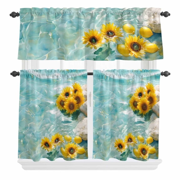 3 Piece Kitchen Curtains and Valances Set Watercolor Cafe Curtains 24 Inch Length Lemon Lake Aqua Summer Ocean Watercolor Valance & Tier Curtain for Living Room Bedroom Small Window 54"x18"+27"x24"*2