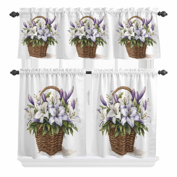 3 Piece Kitchen Curtains and Valances Set Watercolor Floral Cafe Curtains 24 Inch Length Spring Wildflower Garden Motifs Valance & Tier Curtain for Living Room Bedroom Small Window 54"x18"+27"x24"*2