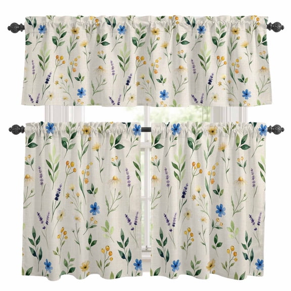 3 Piece Kitchen Curtains and Valances Set Watercolor Floral Cafe Curtains 36 Inch Length Spring Country Wildflowers Leaves Beige Valance & Tier Curtain for Living Room Bedroom 54"x18"+27"x36"*2