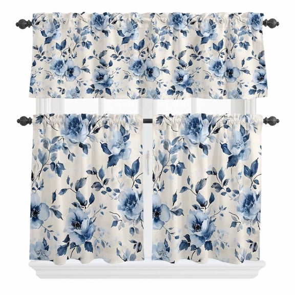 3 Piece Kitchen Curtains and Valances Set Watercolor Flower Cafe Curtains 24 Inch Length Blue Wildflower Garden Motifs Floral Valance & Tier Curtain for Living Room Bedroom Window 54"x18"+27"x24"*2