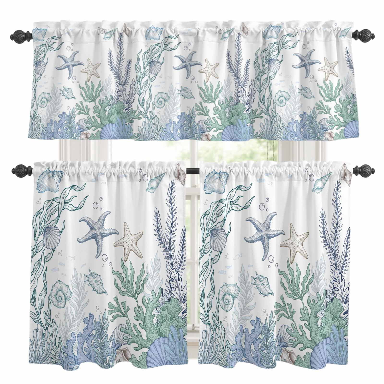 3 Piece Kitchen Curtains and Valances Set Watercolor Marine Coral Cafe ...