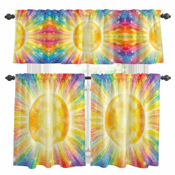 3 Piece Kitchen Curtains and Valances Set Watercolor Sun Cafe Curtains 24 Inch Length Cartoon Summer Colorful Rainbows Valance & Tier Curtain for Living Room Bedroom Small Window 54"x18"+27"x24"*2
