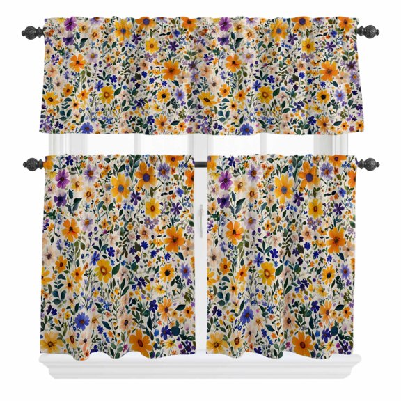 3 Piece Kitchen Curtains and Valances Set Watercolor Wildflowers Cafe Curtains 24 Inch Length Colorful Spring Botanical Flowers Valance & Tier Curtain for Living Room Bedroom Window 54"x18"+27"x24"*2