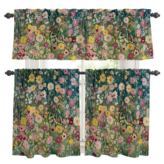 3 Piece Kitchen Curtains and Valances Set Watercolor Wildflowers Cafe Curtains 36 Inch Length Retro Rustic Botanical Floral Spring Valance & Tier Curtain for Living Room Bedroom 54"x18"+27"x36"*2