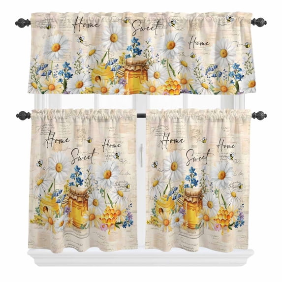 3 Piece Kitchen Curtains and Valances Set White Daisy Cafe Curtains 36 Inch Length Spring Floral Elegant Pastoral Botanical Bees Valance & Tier Curtain for Living Room Bedroom 54"x18"+27"x36"*2