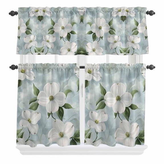 3 Piece Kitchen Curtains and Valances Set White Floral Cafe Curtains 36 Inch Length Cottagecore Blooms Flower Spring Botanical Valance & Tier Curtain for Living Room Bedroom Window 54"x18"+27"x36"*2