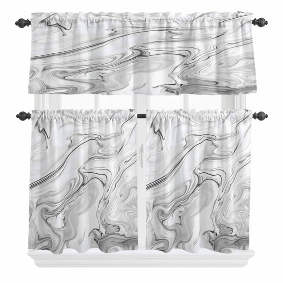 3 Piece Kitchen Curtains and Valances Set White Gray Marble Cafe Curtains 24 Inch Length Modern Minimalist Abstract Texture Valance & Tier Curtain for Living Room Bedroom Window 54"x18"+27"x24"*2
