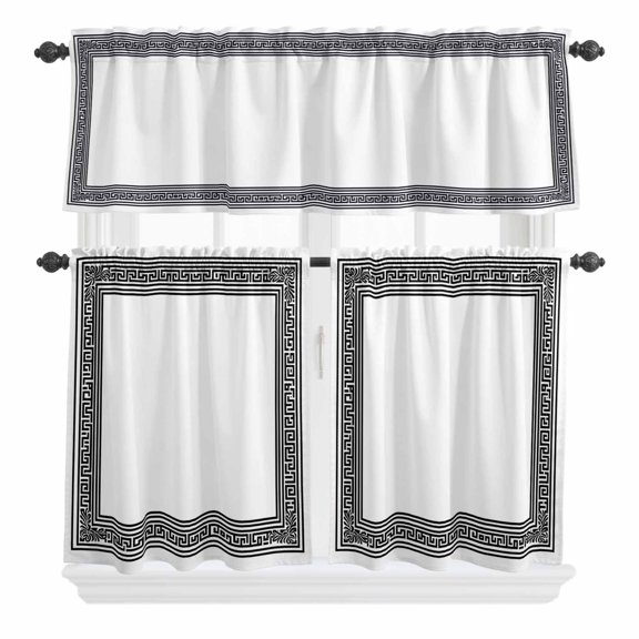 3 Piece Kitchen Curtains and Valances Set White Greek Key Cafe Curtains 24 Inch Length Geometric Greece Ancient Farmhouse Geo Valance & Tier Curtain for Living Room Bedroom Window 54"x18"+27"x24"*2