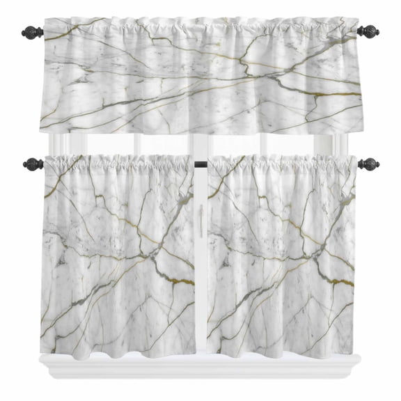 3 Piece Kitchen Curtains and Valances Set White Marble Cafe Curtains 36 Inch Length Modern Abstract Art Ink Painting Valance & Tier Curtain for Living Room Bedroom Small Window 54"x18"+27"x36"*2