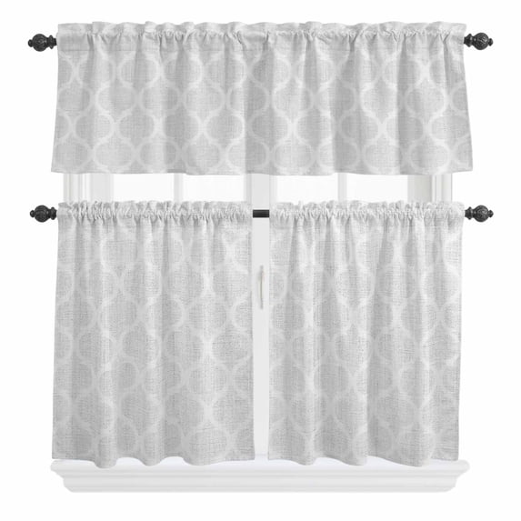 3 Piece Kitchen Curtains and Valances Set White Moroccan Cafe Curtains 36 Inch Length Boho Morocco Geometric Quatrefoil Grid Valance & Tier Curtain for Living Room Bedroom Window 54"x18"+27"x36"*2