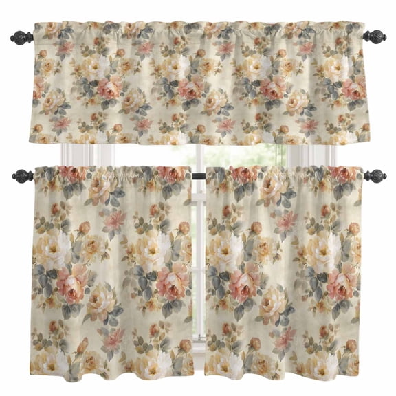 3 Piece Kitchen Curtains and Valances Set White Pink Beige Peony Cafe Curtains 24 Inch Length Farmhouse Vintage Floral Botanical Valance & Tier Curtain for Living Room Bedroom 54"x18"+27"x24"*2