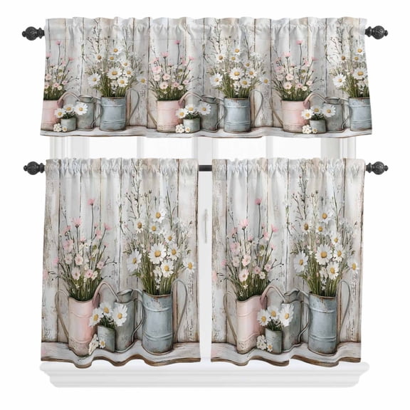 3 Piece Kitchen Curtains and Valances Set White Pink Floral Cafe Curtains 24 Inch Length Garden Floral Wildflower Wood Grain Valance & Tier Curtain for Living Room Bedroom Window 54"x18"+27"x24"*2