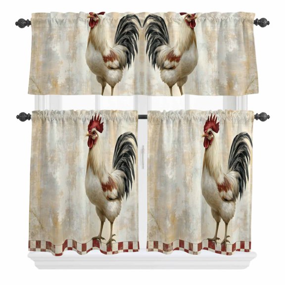 3 Piece Kitchen Curtains and Valances Set White Retro Rooster Cafe Curtains 24 Inch Length Checkered Pastoral Animals Valance & Tier Curtain for Living Room Bedroom Small Window 54"x18"+27"x24"*2