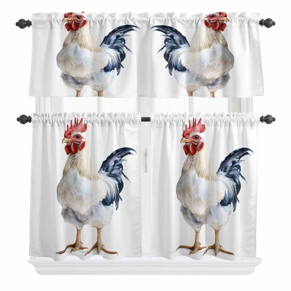 3 Piece Kitchen Curtains and Valances Set White Rooster Cafe Curtains 24 Inch Length Vintage Pastoral Animals Valance & Tier Curtain for Living Room Bedroom Small Window 54"x18"+27"x24"*2