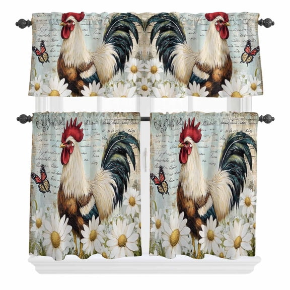 3 Piece Kitchen Curtains and Valances Set White Spring Floral Rooster Cafe Curtains 24 Inch Length Elegant Retro Rooster Valance & Tier Curtain for Living Room Bedroom Small Window 54"x18"+27"x24"*2