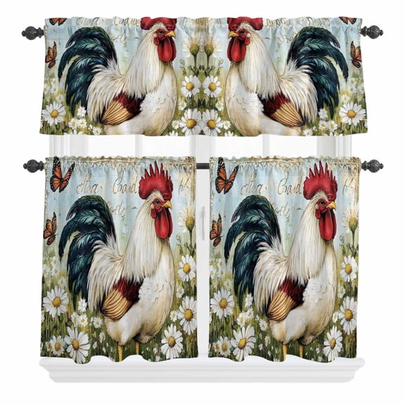 3 Piece Kitchen Curtains and Valances Set White Vintage Rooster Cafe Curtains 24 Inch Length Spring Floral Pastoral Animals Valance & Tier Curtain for Living Room Bedroom Window 54"x18"+27"x24"*2