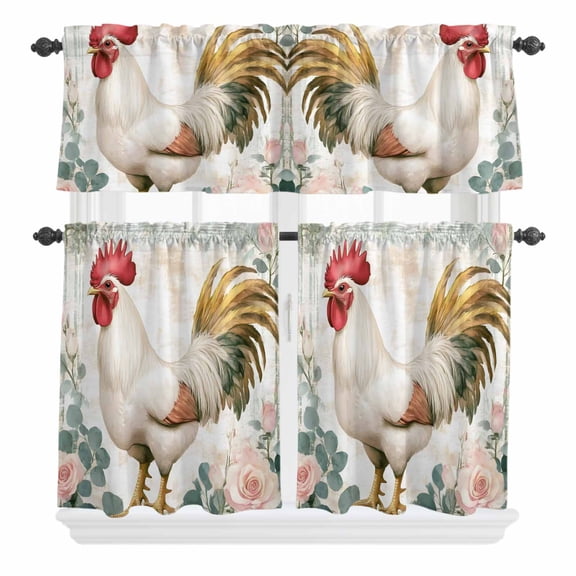 3 Piece Kitchen Curtains and Valances Set White Vintage Rooster Cafe Curtains 24 Inch Length Watercolor Animals Spring Floral Valance & Tier Curtain for Living Room Bedroom Window 54"x18"+27"x24"*2