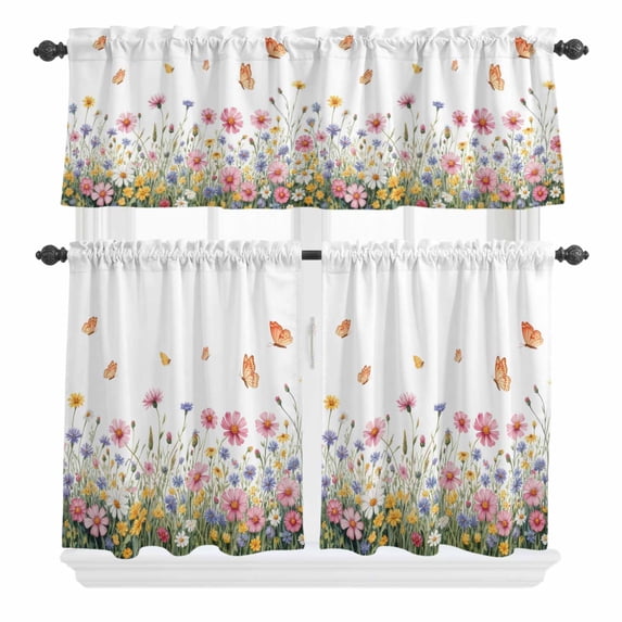 3 Piece Kitchen Curtains and Valances Set Wild Flowers Cafe Curtains 24 Inch Length Spring Butterfly Watercolor Country Floral Valance & Tier Curtain for Living Room Bedroom Window 54"x18"+27"x24"*2