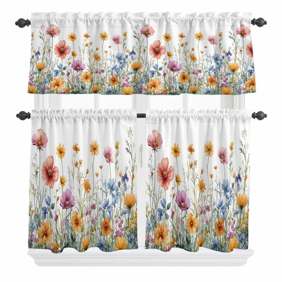 3 Piece Kitchen Curtains and Valances Set Wildflower Cafe Curtains 24 Inch Length Country Flower Orange Pink Flower Plant Valance & Tier Curtain for Living Room Bedroom Small Window 54"x18"+27"x24"*2
