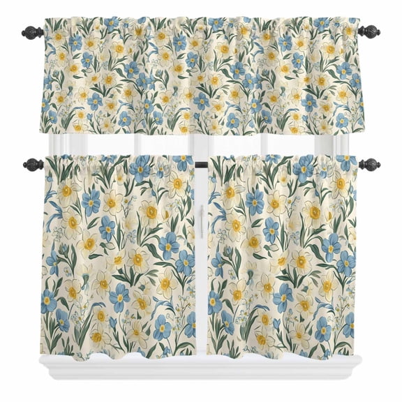 3 Piece Kitchen Curtains and Valances Set Wildflower Garden Motifs Cafe Curtains 24 Inch Length Daisy Spring Floral Vintage Valance & Tier Curtain for Living Room Bedroom Window 54"x18"+27"x24"*2