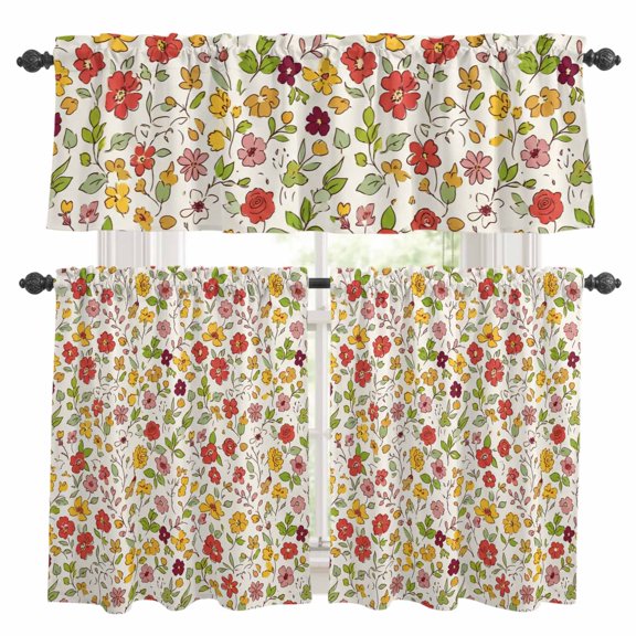 3 Piece Kitchen Curtains and Valances Set Wildflowers Blossom Rustic Cafe Curtains 36 Inch Length Farmmhouse Botanical Floral Valance & Tier Curtain for Living Room Bedroom Window 54"x18"+27"x36"*2