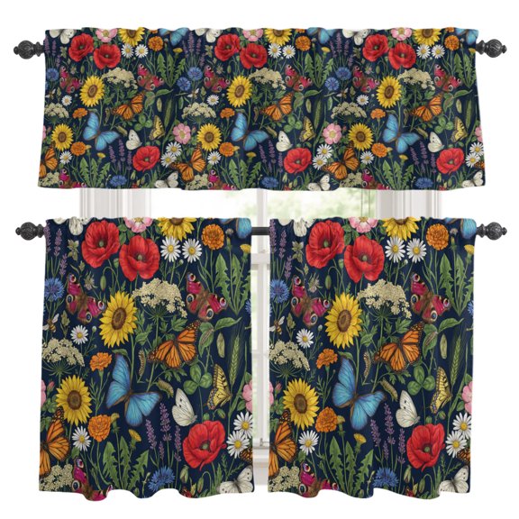 3 Piece Kitchen Curtains and Valances Set Wildflowers Cafe Curtains 36 Inch Length Farmhouse Butterflies Floral Navy Blue Valance & Tier Curtain for Living Room Bedroom Small Window 54"x18"+27"x36"*2