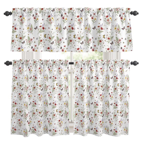 3 Piece Kitchen Curtains and Valances Set Wildflowers Farmhouse Cafe Curtains 36 Inch Length Modern Rustic Botanical Flowers Valance & Tier Curtain for Living Room Bedroom Window 54"x18"+27"x36"*2