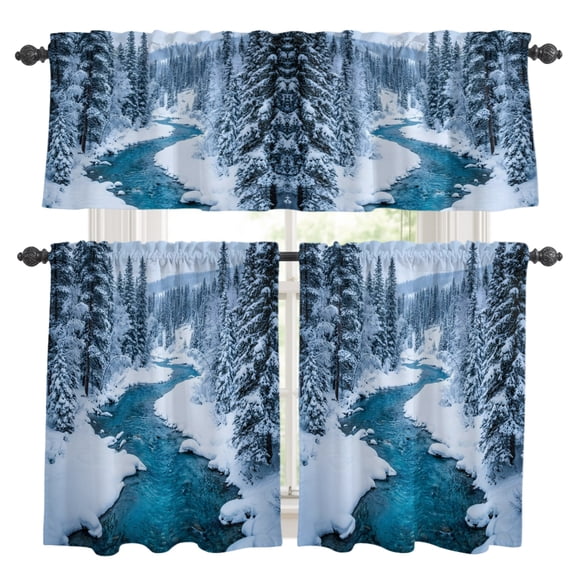 3 Piece Kitchen Curtains and Valances Set Winter Snowy River Cafe Curtains 24 Inch Length Nature Pine Trees Forest Snowy Scenery Valance & Tier Curtain for Living Room Bedroom 54"x18"+27"x24"*2