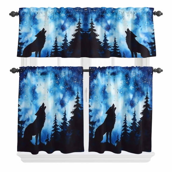 3 Piece Kitchen Curtains and Valances Set Wolf Black Silhouette Cafe Curtains 24 Inch Length Forest Starry Night Valance & Tier Curtain for Living Room Bedroom Small Window 54"x18"+27"x24"*2