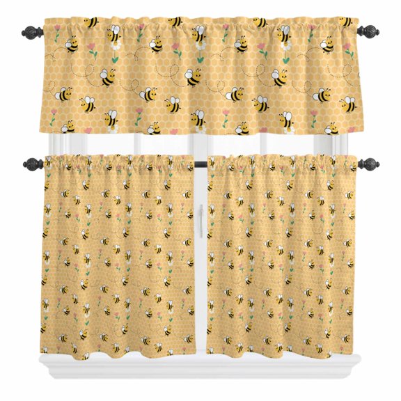 3 Piece Kitchen Curtains and Valances Set Yellow Beige Bee Cafe Curtains 36 Inch Length Spring Floral Elegant Pastoral Flowers Valance & Tier Curtain for Living Room Bedroom Window 54"x18"+27"x36"*2