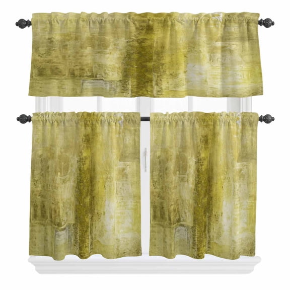 3 Piece Kitchen Curtains and Valances Set Yellow Cafe Curtains 36 Inch Length Retro Oil Painting Modern Abstract Art Aesthetics Valance & Tier Curtain for Living Room Bedroom Window 54"x18"+27"x36"*2