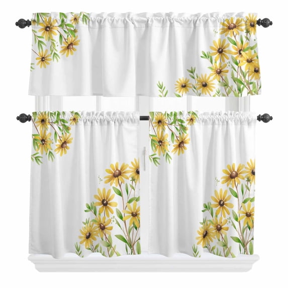 3 Piece Kitchen Curtains and Valances Set Yellow Daisy Flowers Cafe Curtains 36 Inch Length Spring Summer Pastoral Garden Floral Valance & Tier Curtain for Living Room Bedroom 54"x18"+27"x36"*2