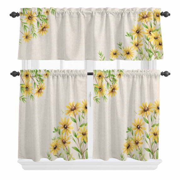 3 Piece Kitchen Curtains and Valances Set Yellow Daisy Flowers Cafe Curtains 36 Inch Length Spring Summer Rustic Garden Floral Valance & Tier Curtain for Living Room Bedroom Window 54"x18"+27"x36"*2