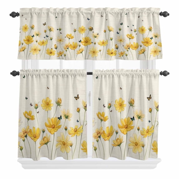 3 Piece Kitchen Curtains and Valances Set Yellow Flowers Cafe Curtains 36 Inch Length Spring Floral Butterflies Pastoral Valance & Tier Curtain for Living Room Bedroom Small Window 54"x18"+27"x36"*2