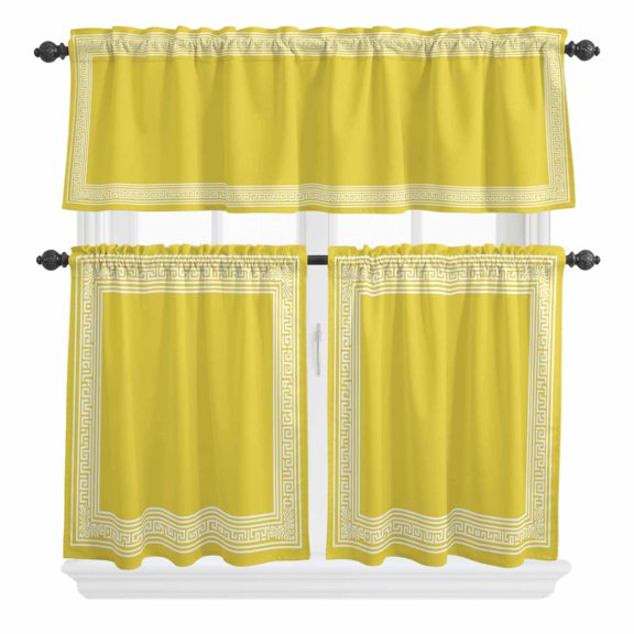 3 Piece Kitchen Curtains and Valances Set Yellow Greek Key Cafe Curtains 24 Inch Length Geometric Greece Ancient Farmhouse Geo Valance & Tier Curtain for Living Room Bedroom Window 54"x18"+27"x24"*2