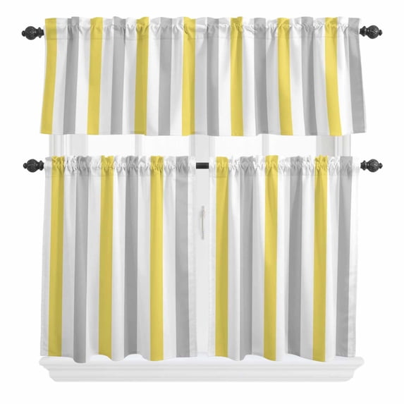 3 Piece Kitchen Curtains and Valances Set Yellow Grey Striped Cafe Curtains 36 Inch Length Geometric Vertical Stripes White Valance & Tier Curtain for Living Room Bedroom Window 54"x18"+27"x36"*2