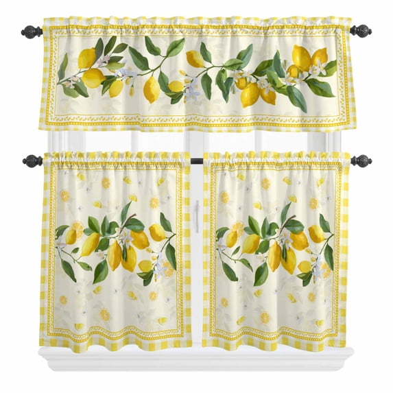 3 Piece Kitchen Curtains and Valances Set Yellow Lemons Cafe Curtains 36 Inch Length Summer Botanical Checkered Farmhouse Valance & Tier Curtain for Living Room Bedroom Small Window 54"x18"+27"x36"*2