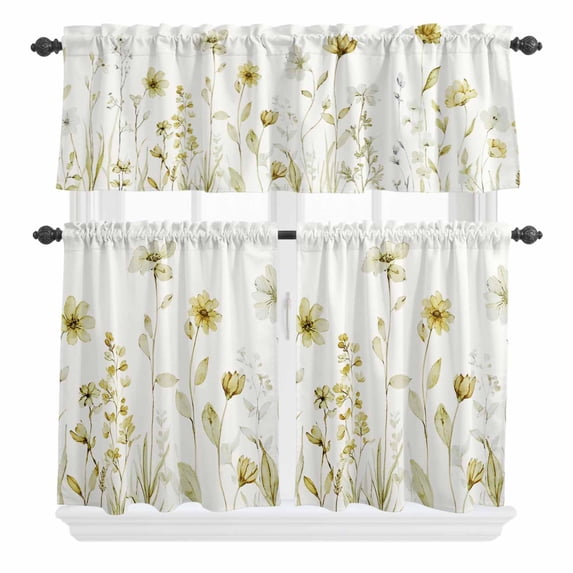 3 Piece Kitchen Curtains and Valances Set Yellow Spring Floral Cafe ...