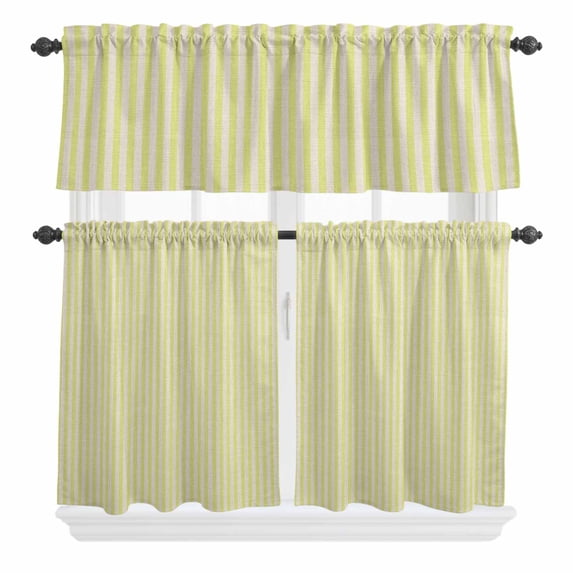 3 Piece Kitchen Curtains and Valances Set Yellow Striped Cafe Curtains 36 Inch Length Modern Simple Farmhouse Beige Vintage Valance & Tier Curtain for Living Room Bedroom Window 54"x18"+27"x36"*2