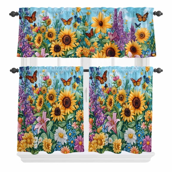 3 Piece Kitchen Curtains and Valances Set Yellow Sunflower Cafe Curtains 24 Inch Length Wildflower Daisy Country Farm Pastoral Valance & Tier Curtain for Living Room Bedroom Window 54"x18"+27"x24"*2