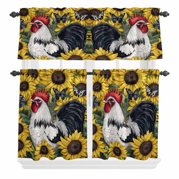 3 Piece Kitchen Curtains and Valances Set Yellow Sunflower Rooster Cafe Curtains 24 Inch Length Farmhouse Vintage Rooster Valance & Tier Curtain for Living Room Bedroom Small Window 54"x18"+27"x24"*2