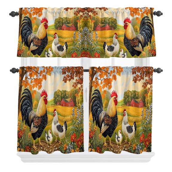 3 Piece Kitchen Curtains and Valances Set Yellow Vintage Rooster Cafe Curtains 24 Inch Length Elegant Spring Floral Animals Valance & Tier Curtain for Living Room Bedroom Window 54"x18"+27"x24"*2
