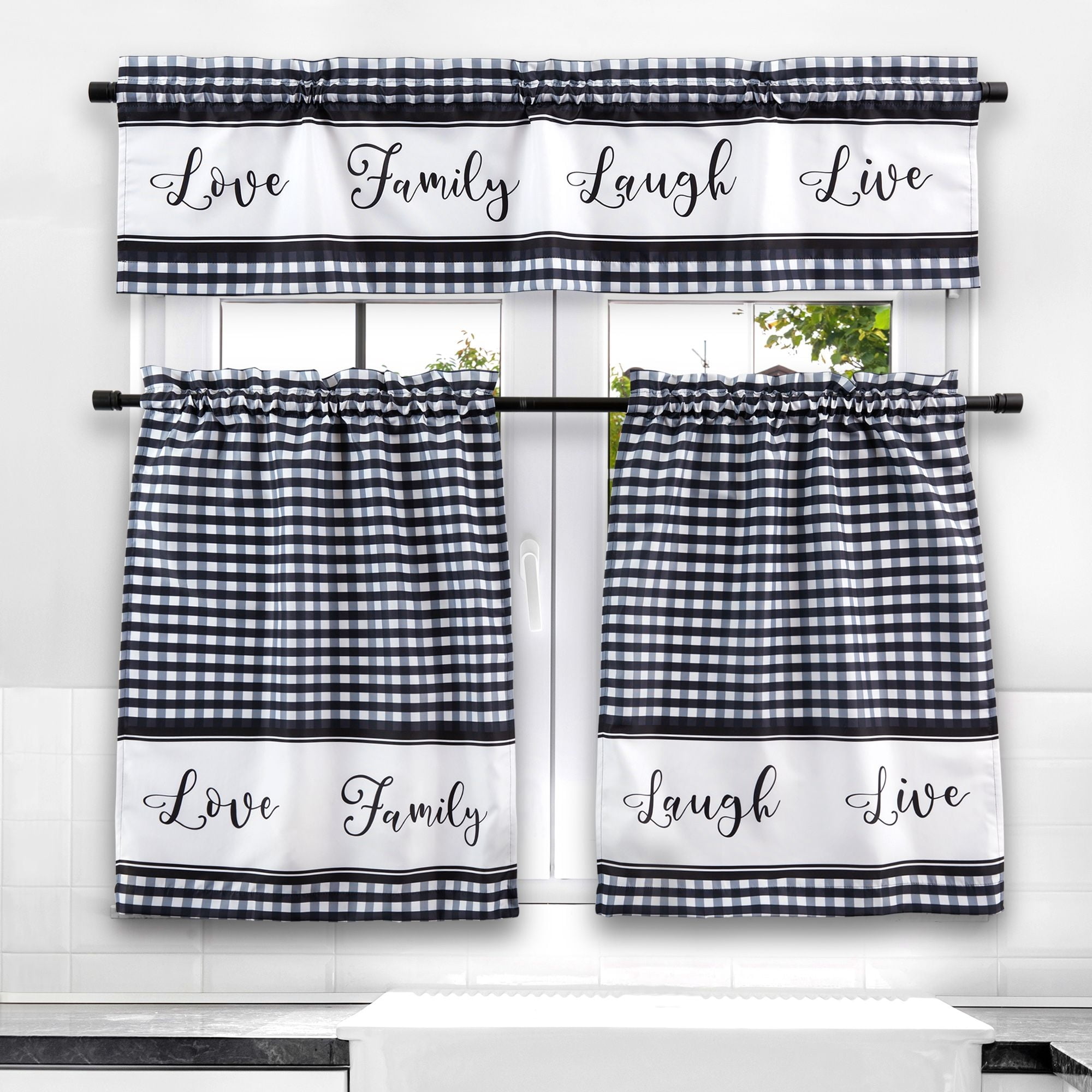 3 Piece Kitchen Curtains and Valances Set for Windows, Love Family