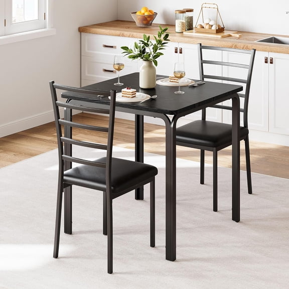 3-Piece Kitchen Dining Room Table Chair Set for Small Space, Indoor Modern Dinette Set for 2, Square Dinner Table Set for Dinette, Breakfast, Black