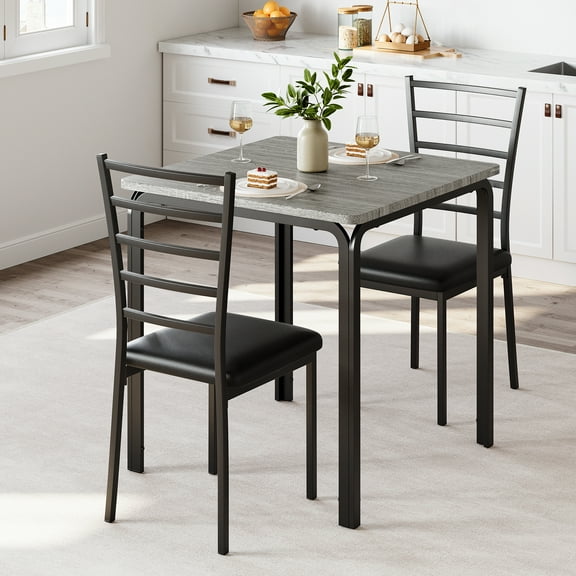 3-Piece Kitchen Dining Room Table Chair Set for Small Space, Indoor Modern Dinette Set for 2, Square Dinner Table Set for Dinette, Breakfast, Grey