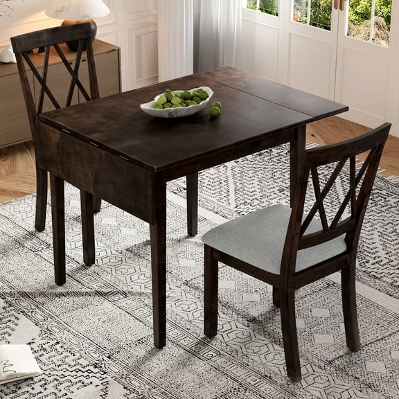 3 Piece Kitchen Dining Set, Dining Table with Drop Leaf and 2 Upholstered Chairs,Espresso